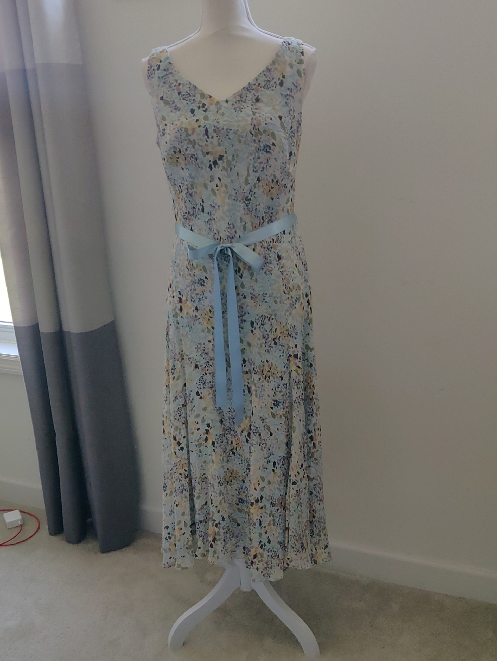 Vintage Jones New York Light Blue Maxi Sleeveless Silk Dress Waist Tie Chic Tren